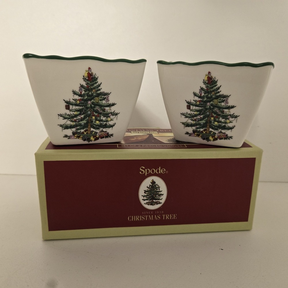 SPODE Christmas Tree Set of Two‎ Pierced Candle Votives with Green Tealights NEW